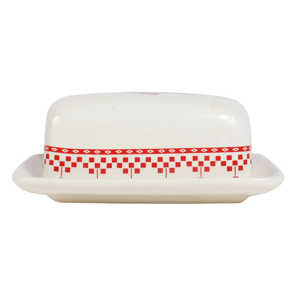 Beurrier en faïence blanc et rouge - damier
