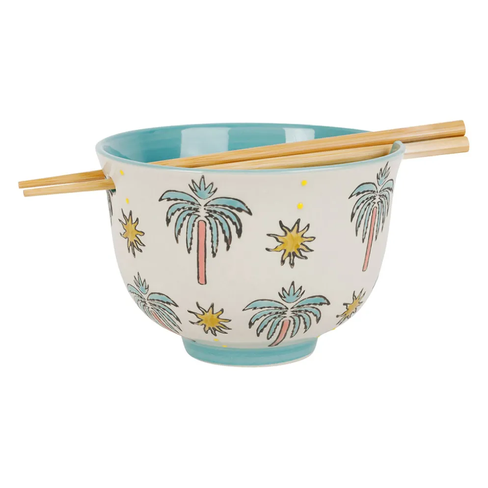 Bol en grès écru et turquoise avec baguettes d13cm - Palmisol