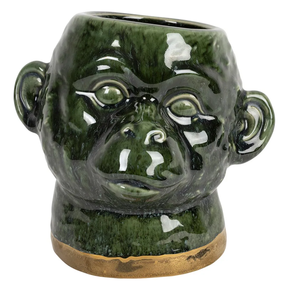 Cache pot singe en grès kaki et doré - Sanaga