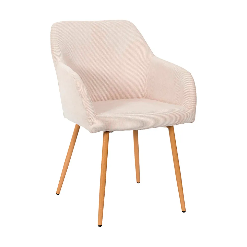 Chaise avec accoudoirs en velours côtelé beige et pieds effet bois - Pauline