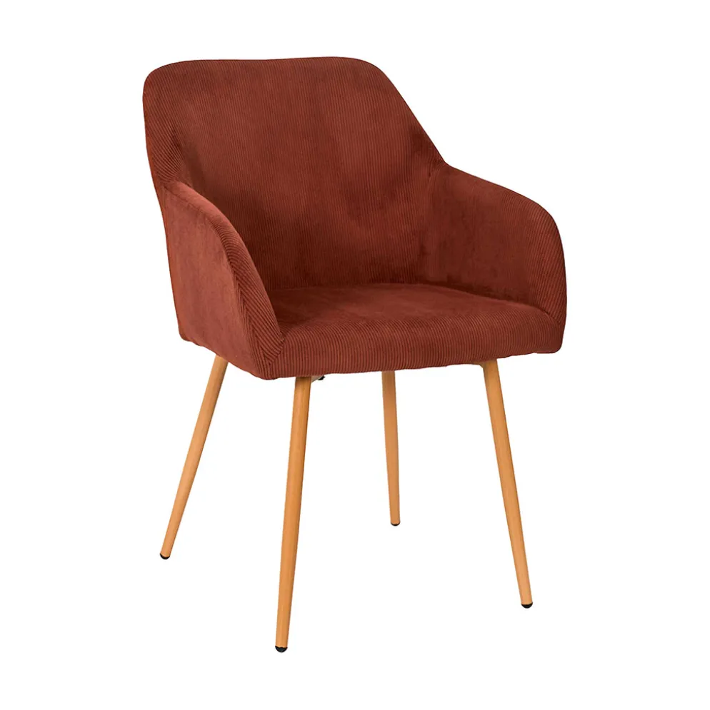 Chaise avec accoudoirs en velours côtelé terracotta et pieds effet bois - Pauline