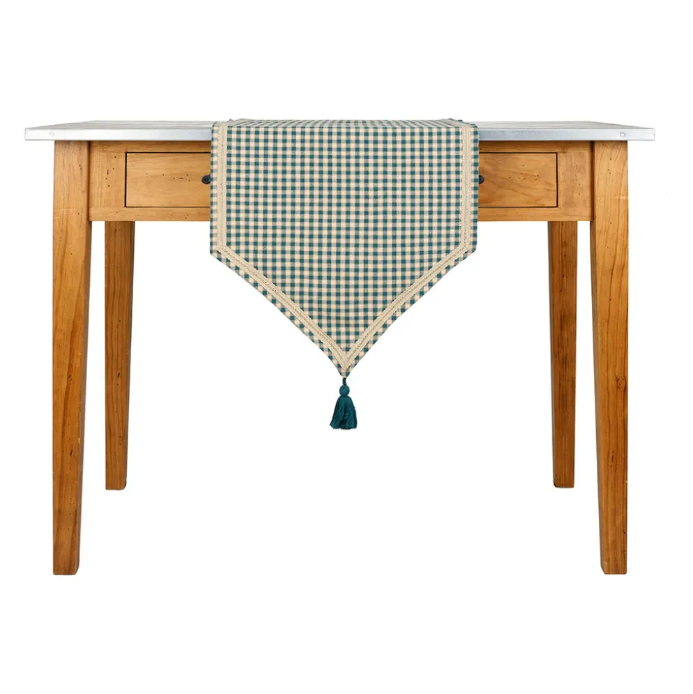 Chemin de table à carreaux en coton bleu antique 150x45cm