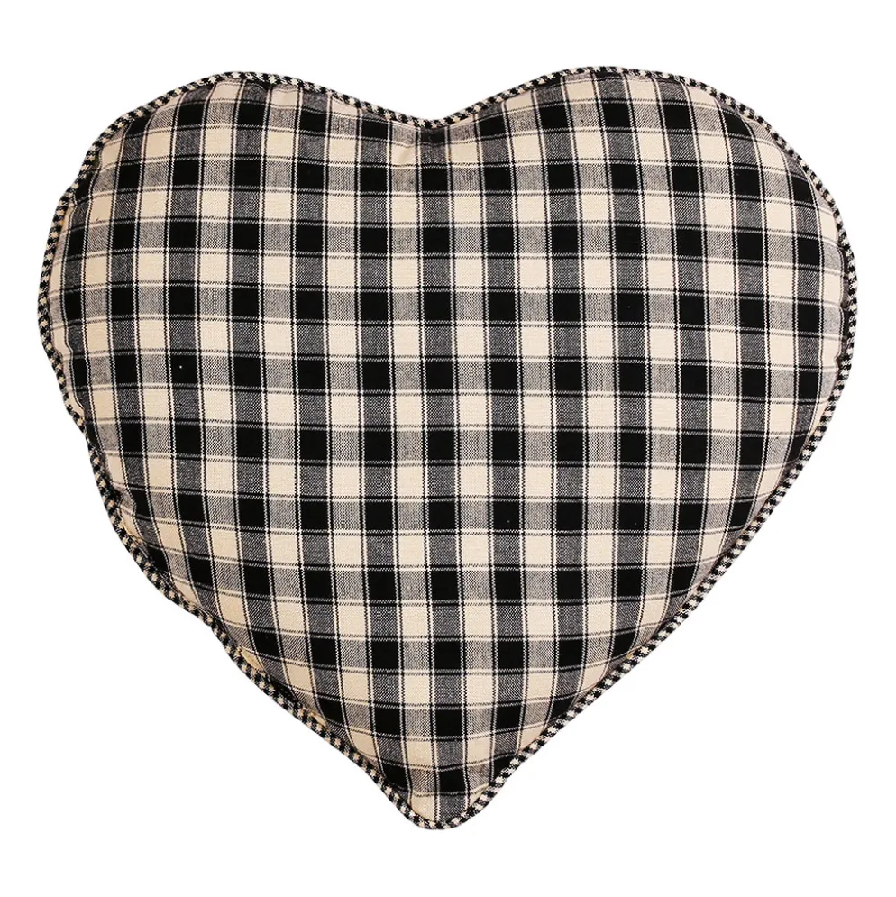 Coussin cœur en coton à carreaux noir 40x35cm - Campagne