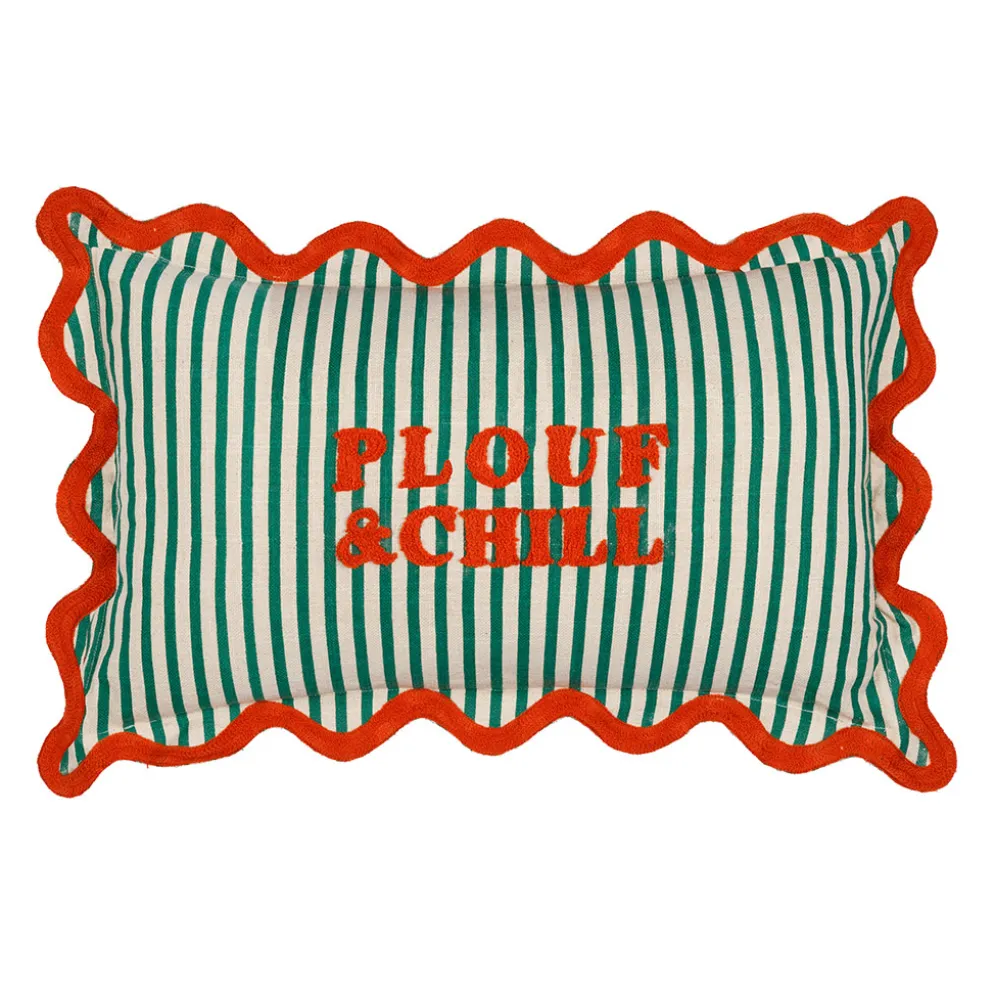 Coussin en coton brodé "plouf&chil" rayé vert et rouge 50x30cm - Plouf&Sun