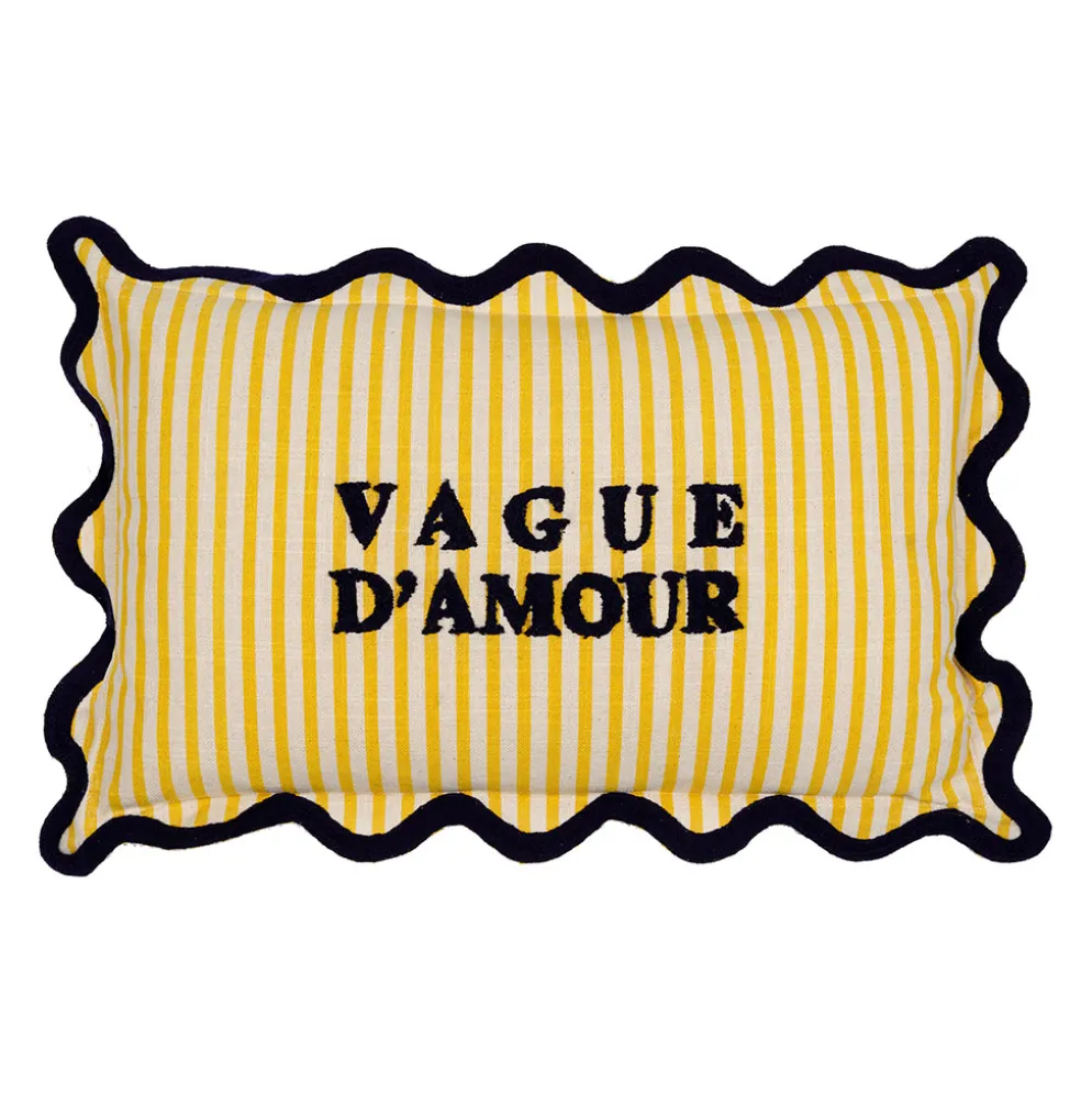 Coussin en coton brodé "vague d'amour" rayé jaune et bleu marine 50x30cm - Plouf&Sun