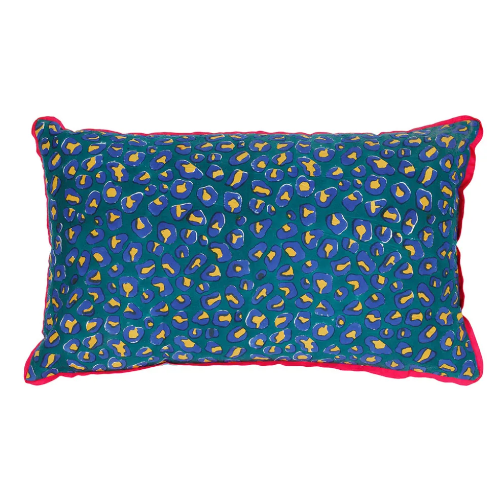 Coussin en coton léopard émeraude et indigo 50x30cm - Jungle pop