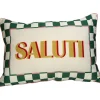 Coussin "Saluti" en coton écru, vert et ocre 40x60cm