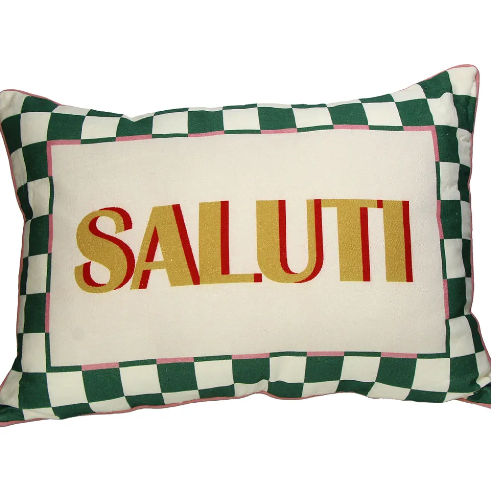 Coussin "Saluti" en coton écru, vert et ocre 40x60cm