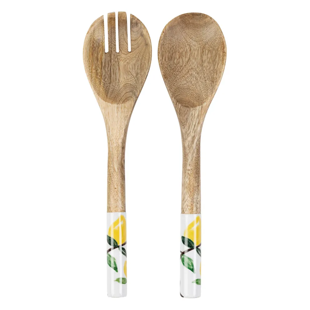 Couverts à salade en bois de manguier jaune et indigo - Medi
