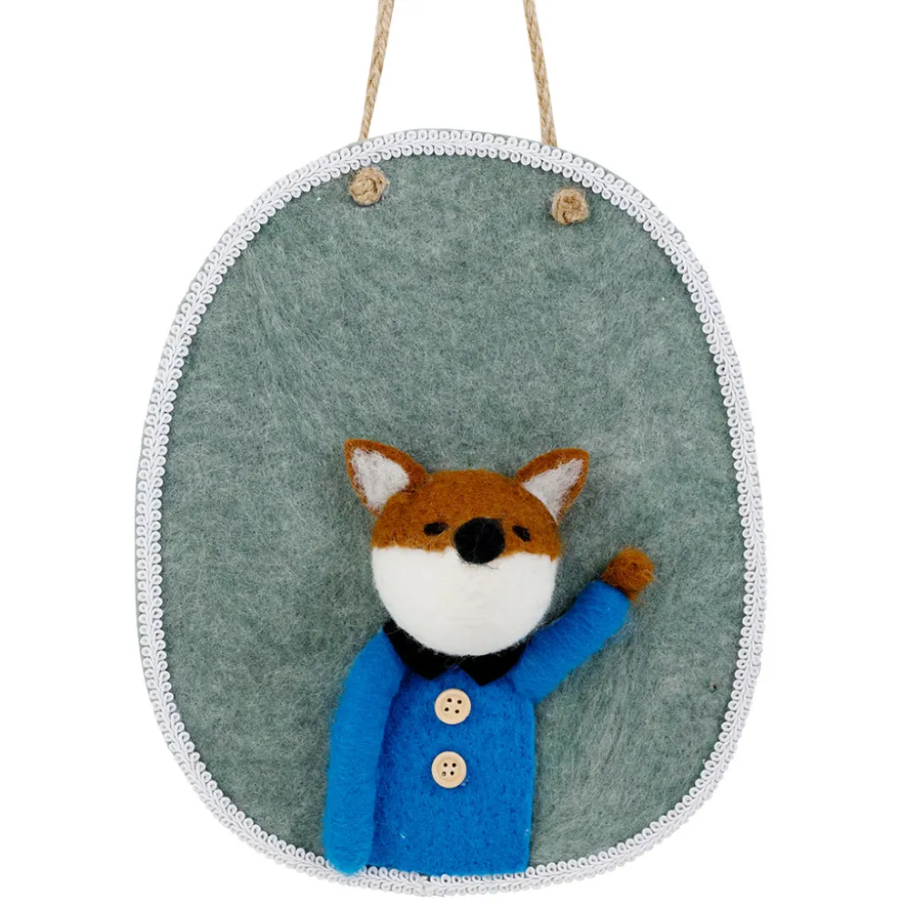 Déco murale renard en laine bleu 21x26cm
