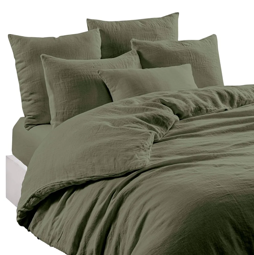 Drap housse en lin et coton kaki 140x200cm - Limy