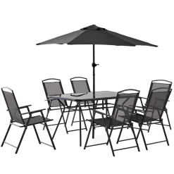Ensemble table de jardin, 6 chaises et parasol central noir en acier 140x80cm - Braga