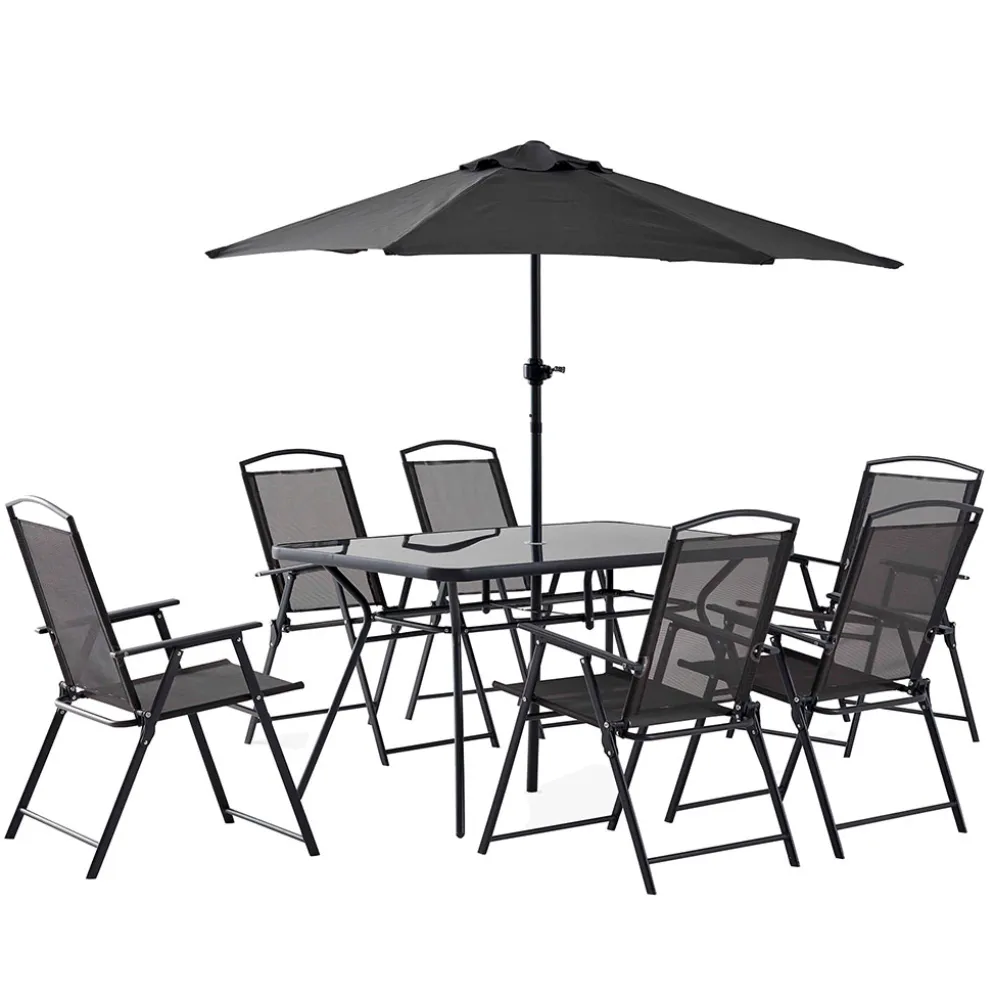 Ensemble table de jardin, 6 chaises et parasol central noir en acier 140x80cm - Braga