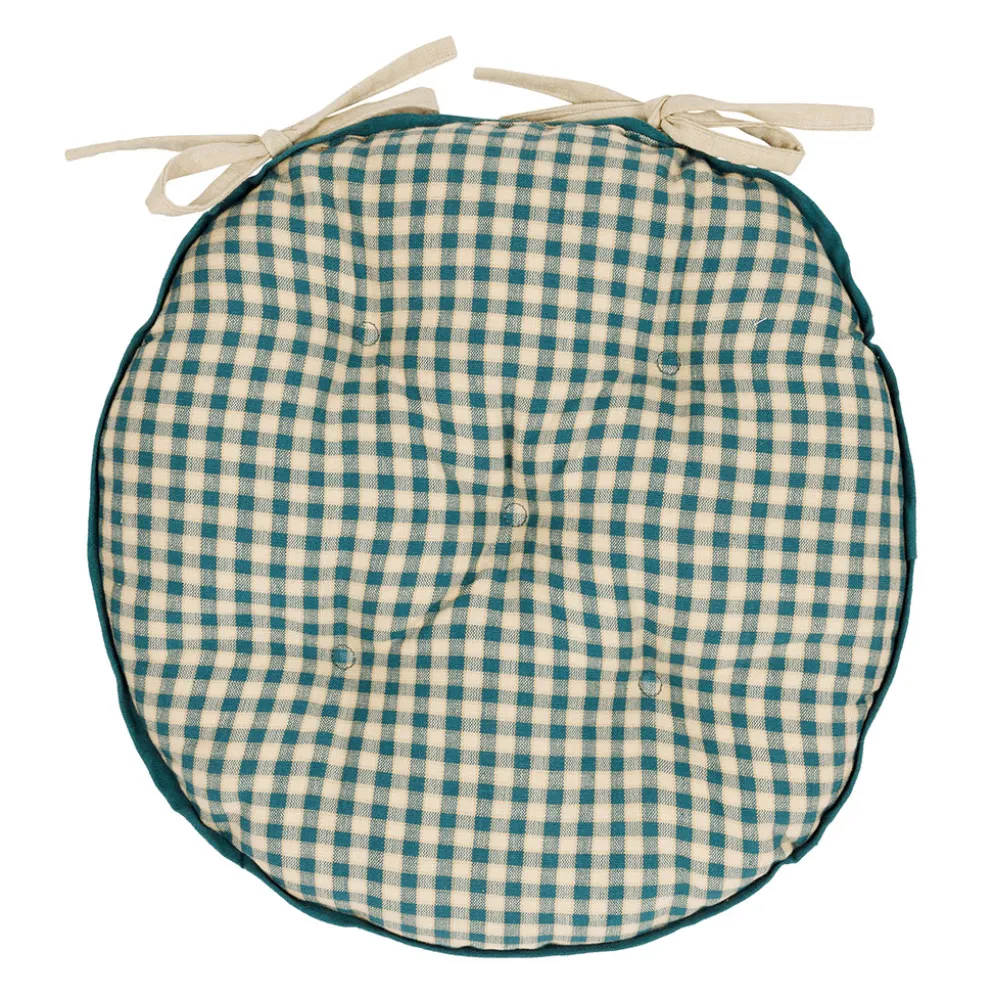 Galette de chaise ronde à carreaux en coton bleu antique d40cm