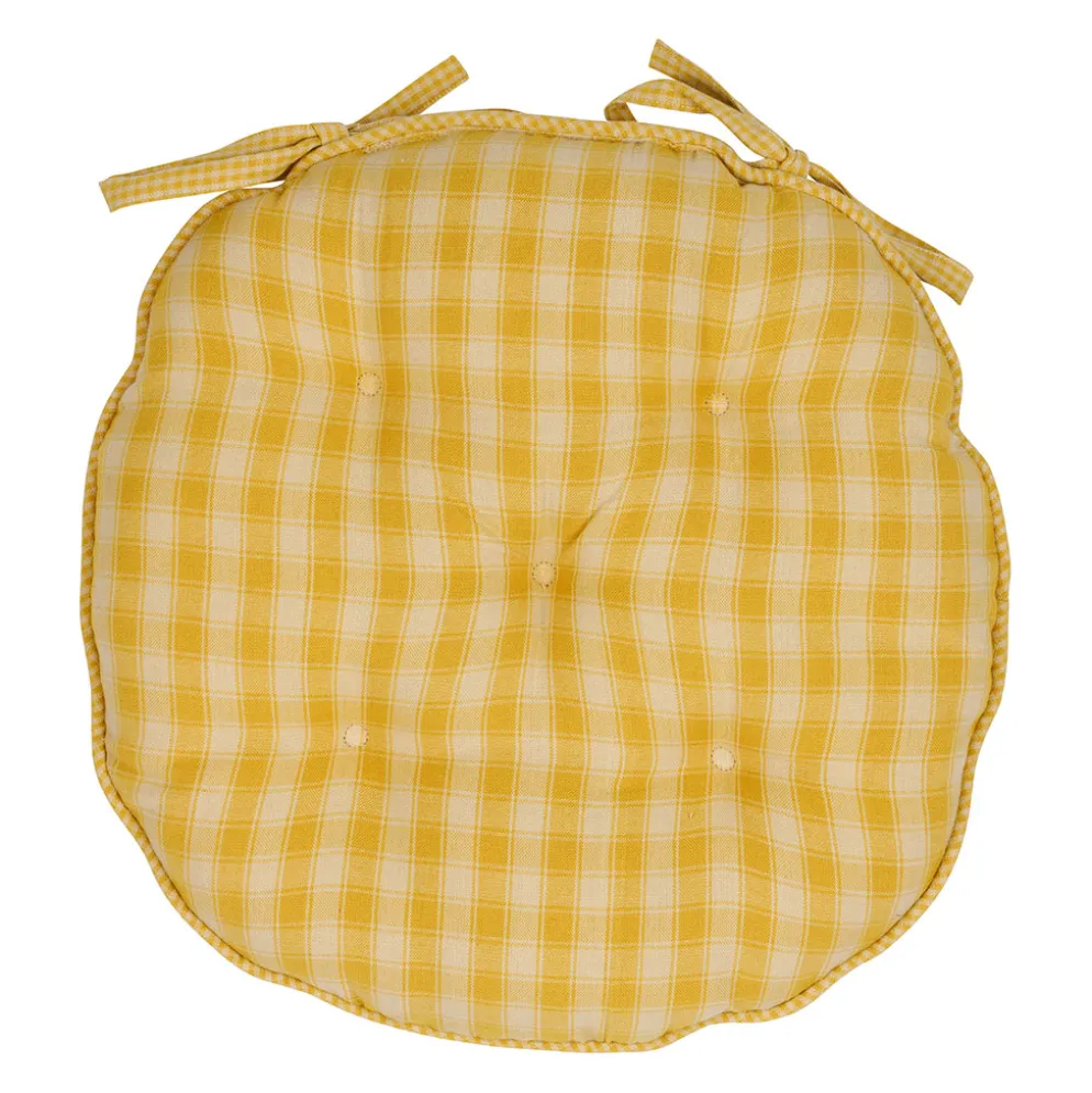 Galette de chaise ronde à carreaux en coton jaune d40cm - Campagne