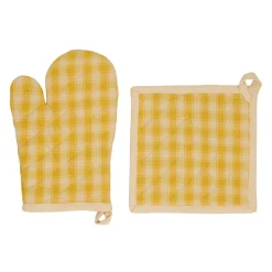 Gant et manique à carreaux en coton jaune - Campagne