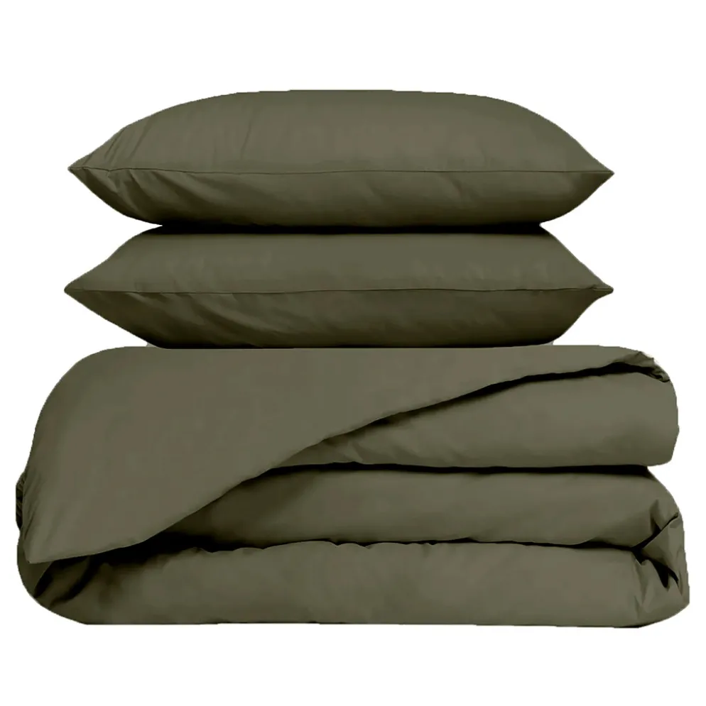 Housse de couette 240x220cm et 2 taies d'oreiller 63x63cm en percale de coton kaki - Venezia