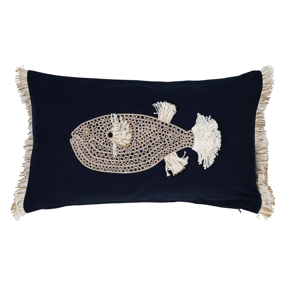 Housse de coussin baleine en coton bleu marine et beige 50x30cm - Amarres