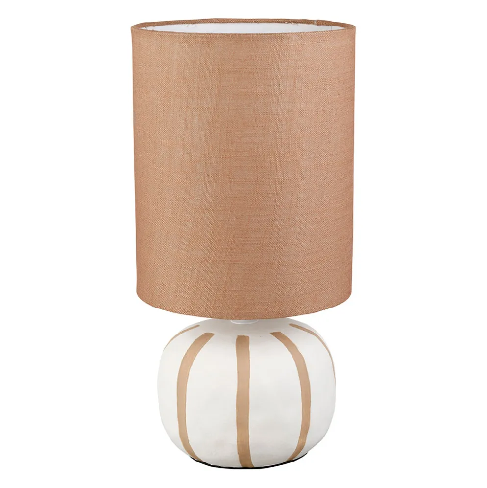 Lampe en lin et céramique rayée écru et marron h27cm E27 - Paese