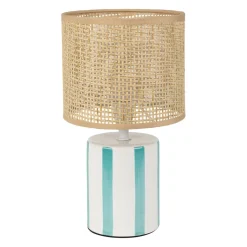 Lampe en rotin et céramique rayée turquoise et blanc h27cm E14 - Medi