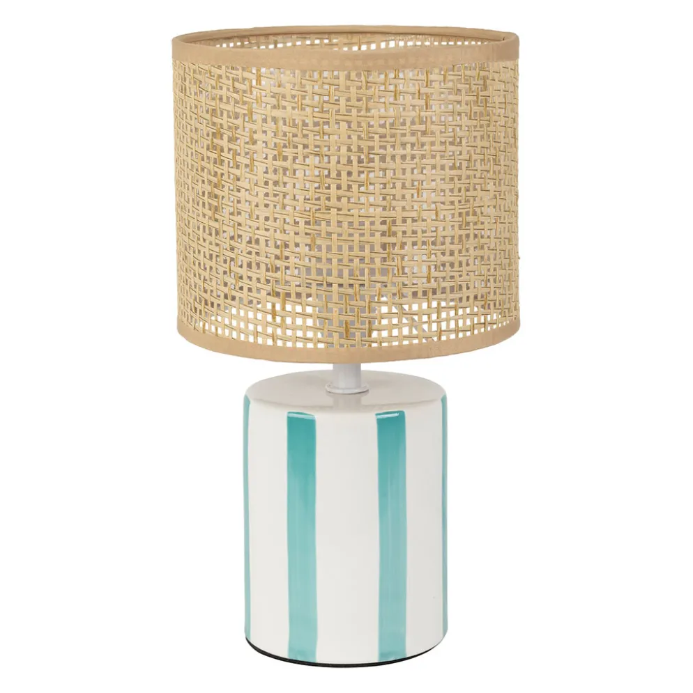 Lampe en rotin et céramique rayée turquoise et blanc h27cm E14 - Medi