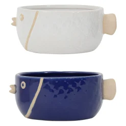 Lot de 2 coupelles gros poisson en grès blanc et bleu 14x12cm - Océan