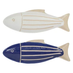 Lot de 2 plats poisson en grès blanc et bleu 35x12cm - Océan
