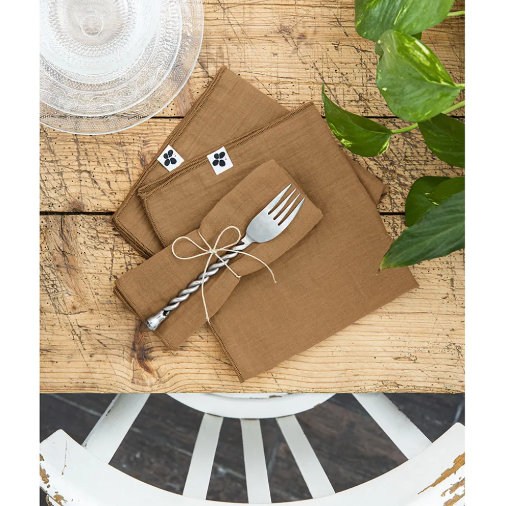 Lot de 3 serviettes de table camel en gaze de coton 40x40cm - Gaia
