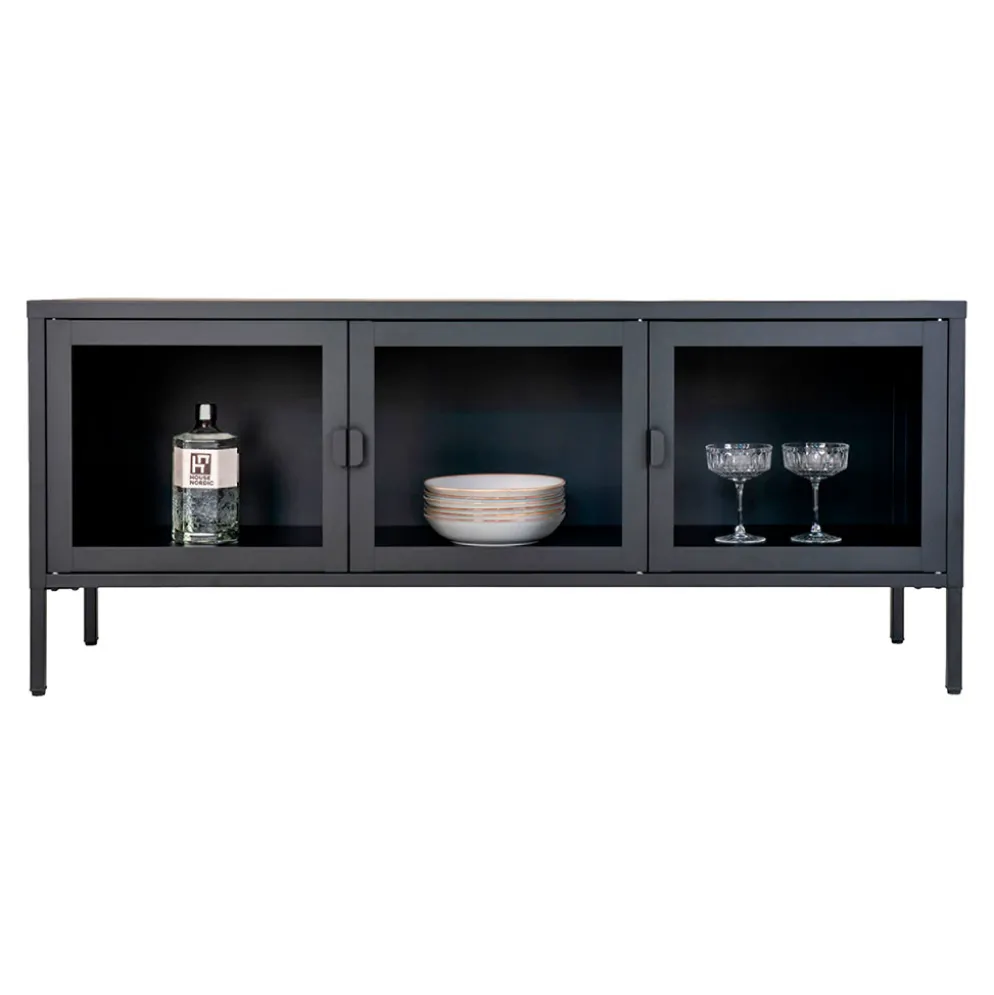 Meuble tv 3 portes en verre et acier noir L130cm - Brendan