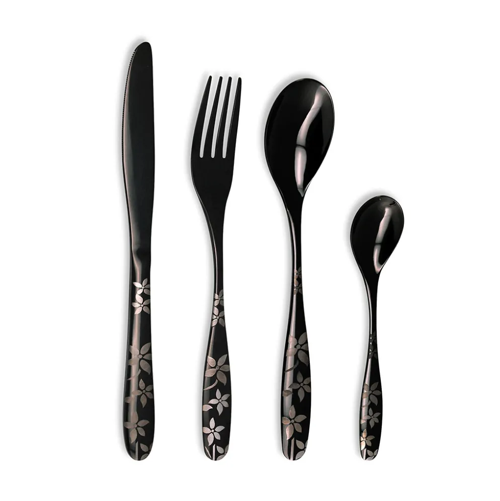 Ménagère 16 pièces en inox noir motif printemps