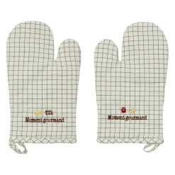 Paire de gants de cuisine en coton vert et écru - Réveil gourmand