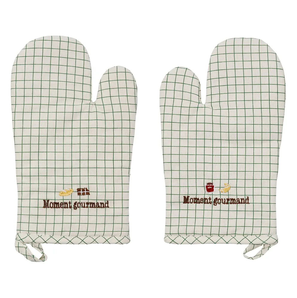 Paire de gants de cuisine en coton vert et écru - Réveil gourmand
