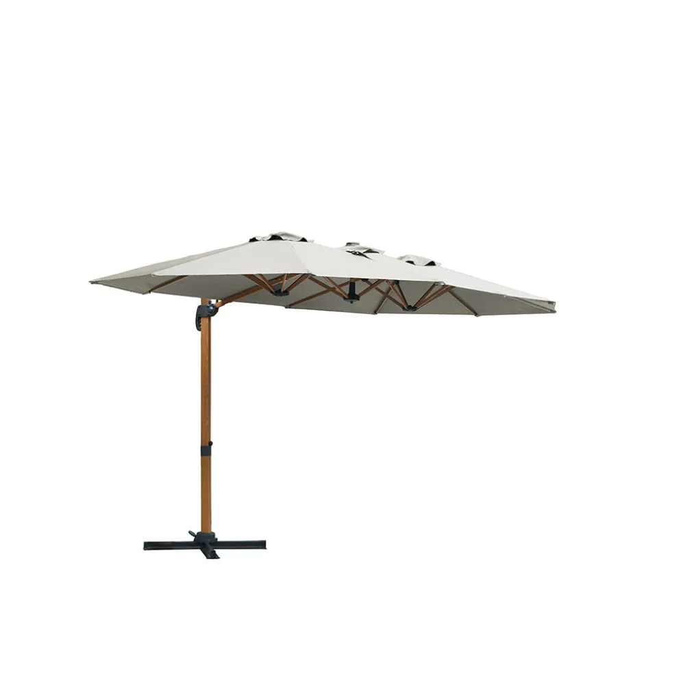 Parasol déporté rotatif 3 têtes en tissu écru et acier effet bois h250cm - Triano