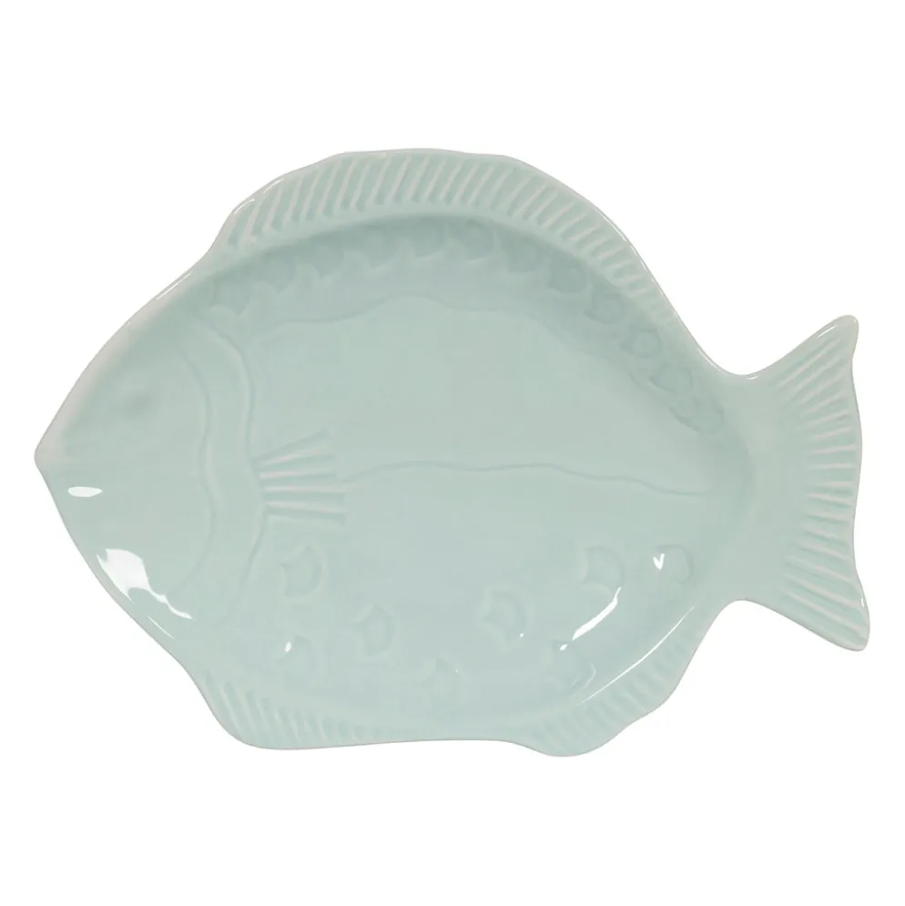 Plat poisson en faïence vert d'eau 33x25cm - Poisson