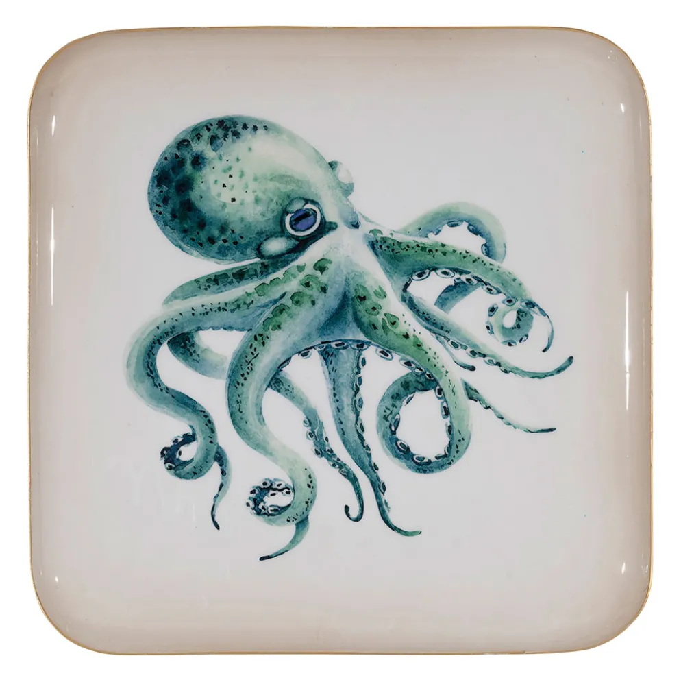 Plateau carré poulpe en fer turquoise 27x27cm