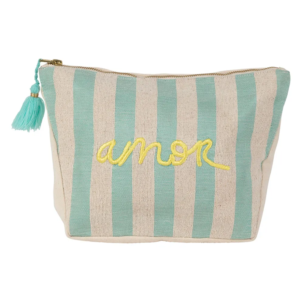 Pochette brodée amor en coton turquoise - Medi