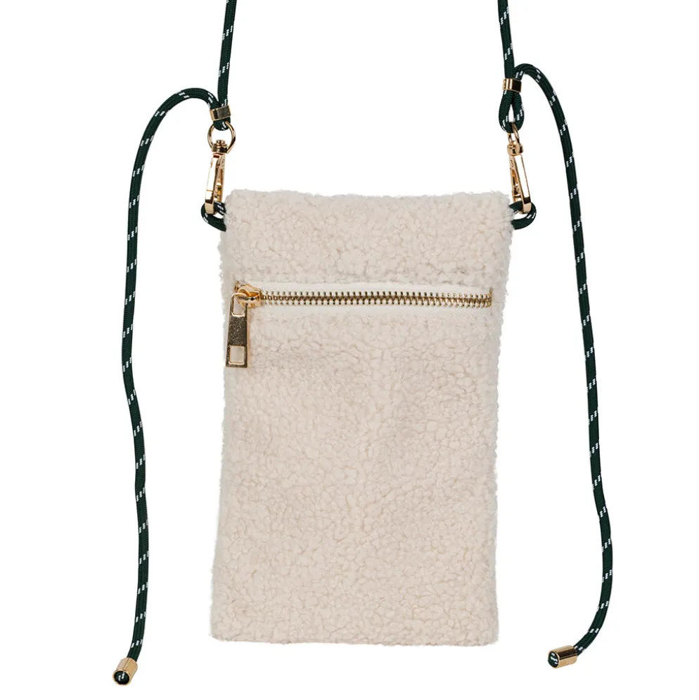 Pochette en tissu bouclette écru avec lanière émeraude - Funky