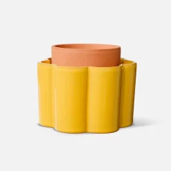 Pot auto-arrosant en céramique jaune moutarde et argile d14cm - Paulita