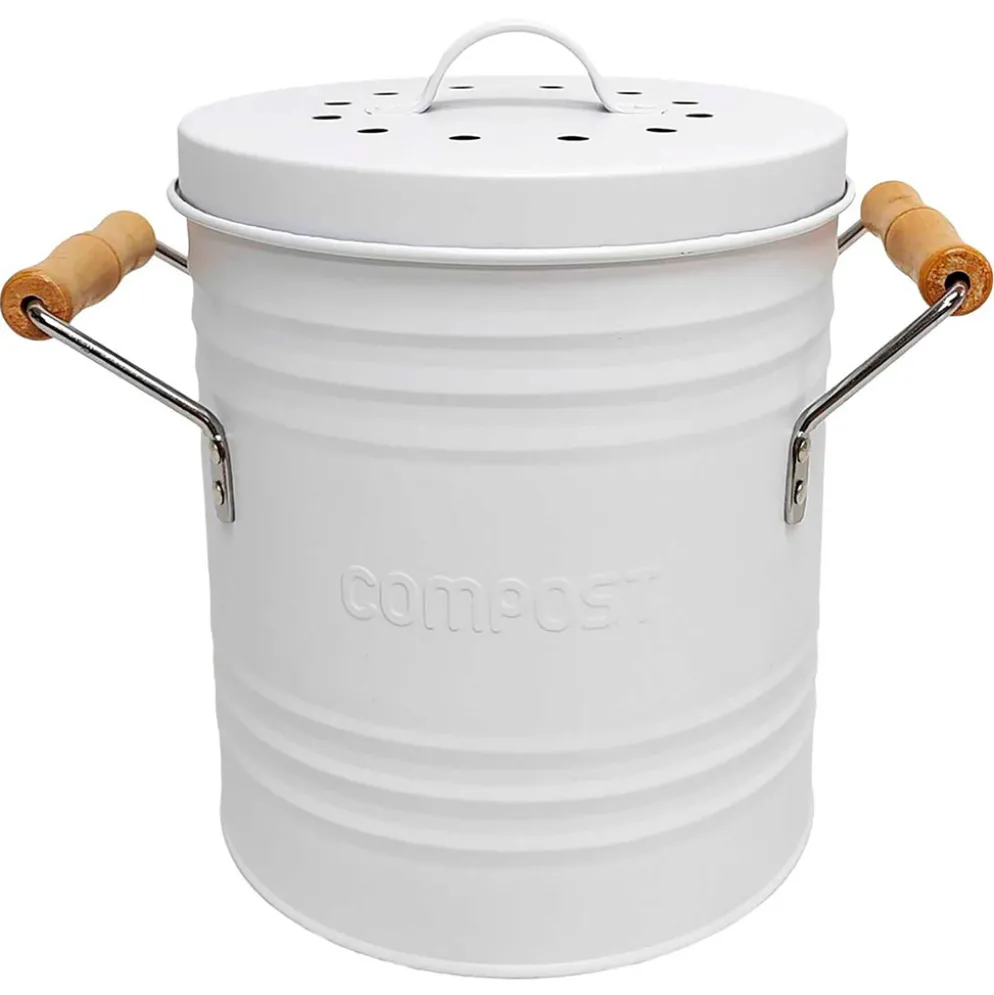 Poubelle à compost en métal blanc avec couvercle et poignées 5L