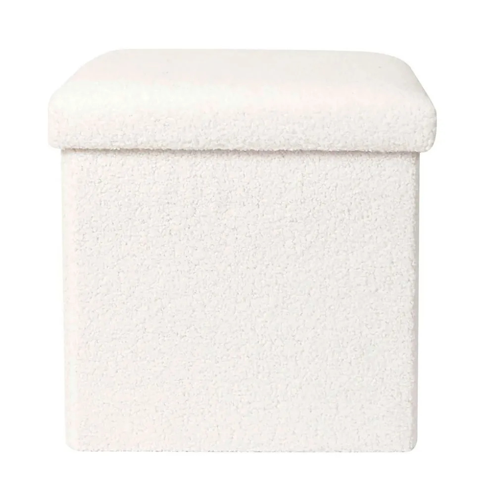 Pouf coffre pliable en tissu bouclette blanc