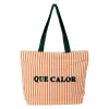 Sac brodé "que calor" en coton rayé corail et écru - Plouf&Sun