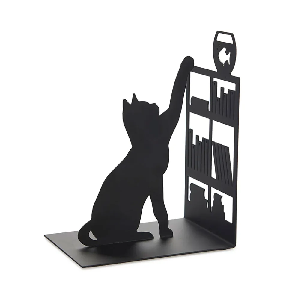 Serre-livres chat qui pêche en métal noir