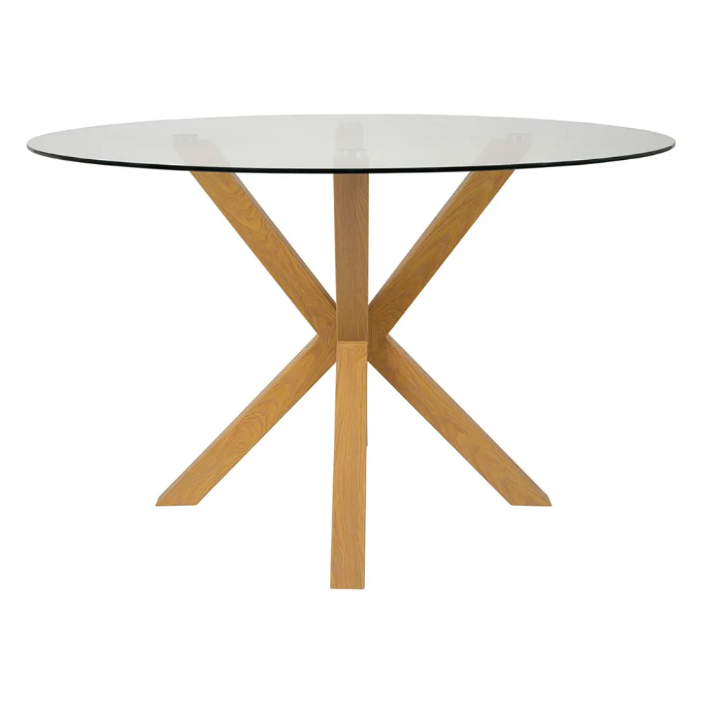 Table à manger ronde en verre trempé et métal naturel d119cm - Adela
