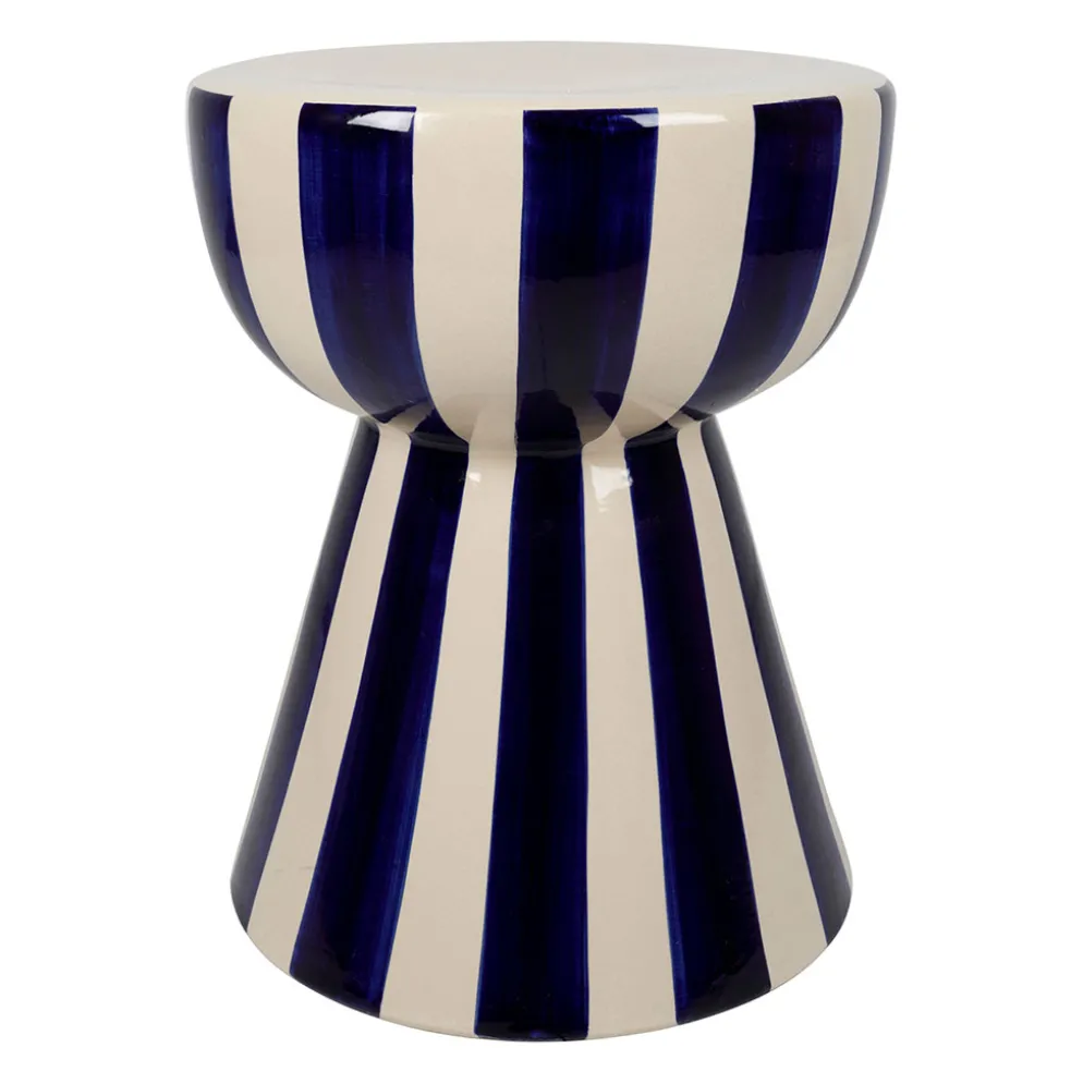 Table d'appoint ronde en grès rayé indigo et blanc d33cm - Artist