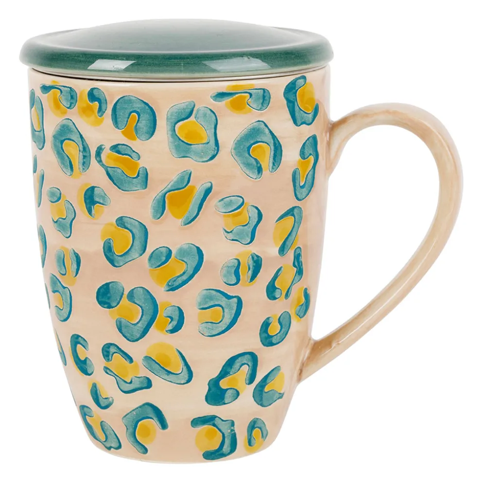 Tisanière en grès léopard écru et bleu avec filtre 30cl - Jungle pop