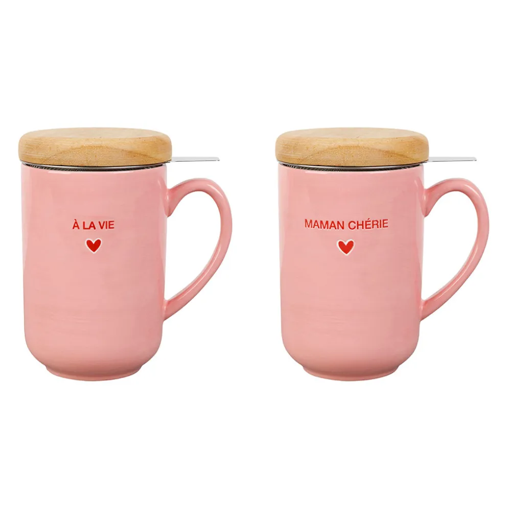 Tisanières x2 en céramique rose et rouge avec filtre 45cl - Douce amour