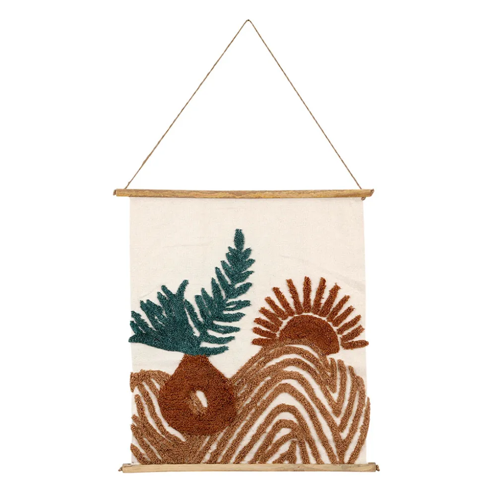 Toile tuftée écru, terracotta et émeraude en coton - sweet leaves