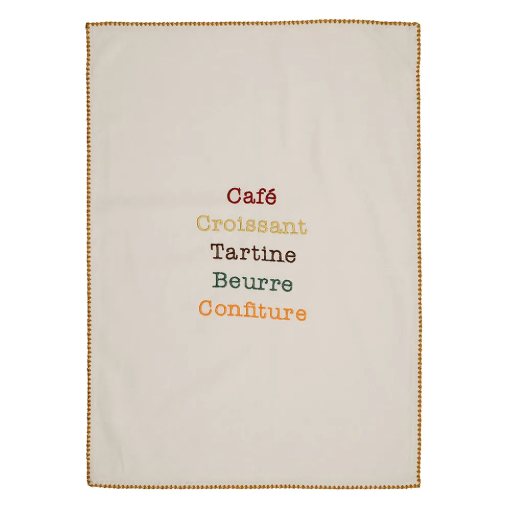 Torchon brodé en coton écru 50x70cm - Réveil gourmand