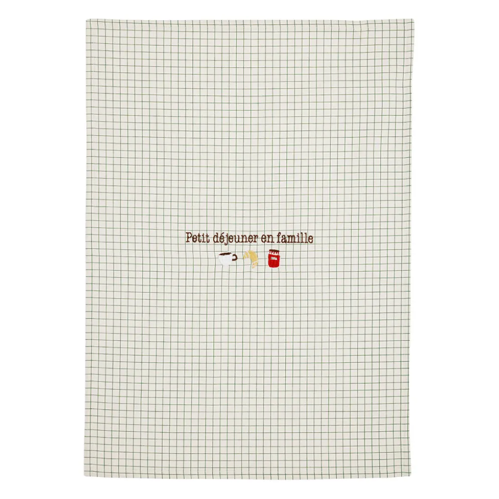 Torchon brodé en coton vert et écru 50x70cm - Réveil gourmand