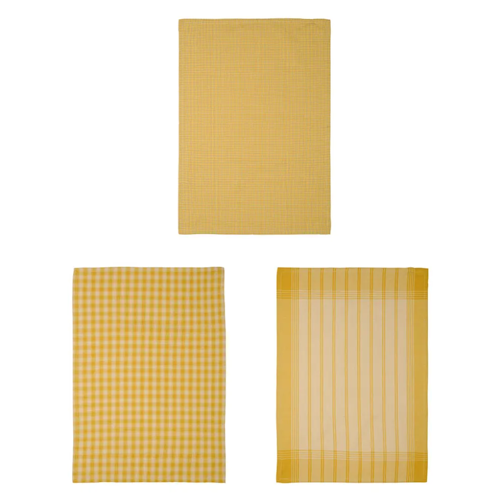 Torchons x3 à carreaux en coton jaune 50x70cm - Campagne